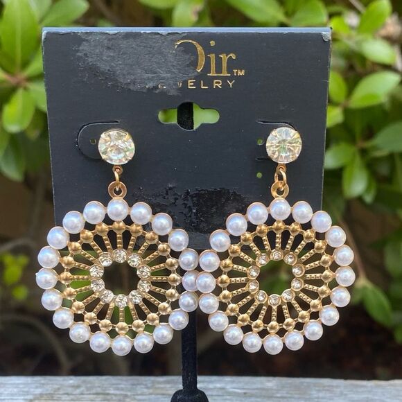 New Noir Jewelry Pearl & Gold Circle Dangle Earrings. NWOT Bridal Party - Picture 1 of 4